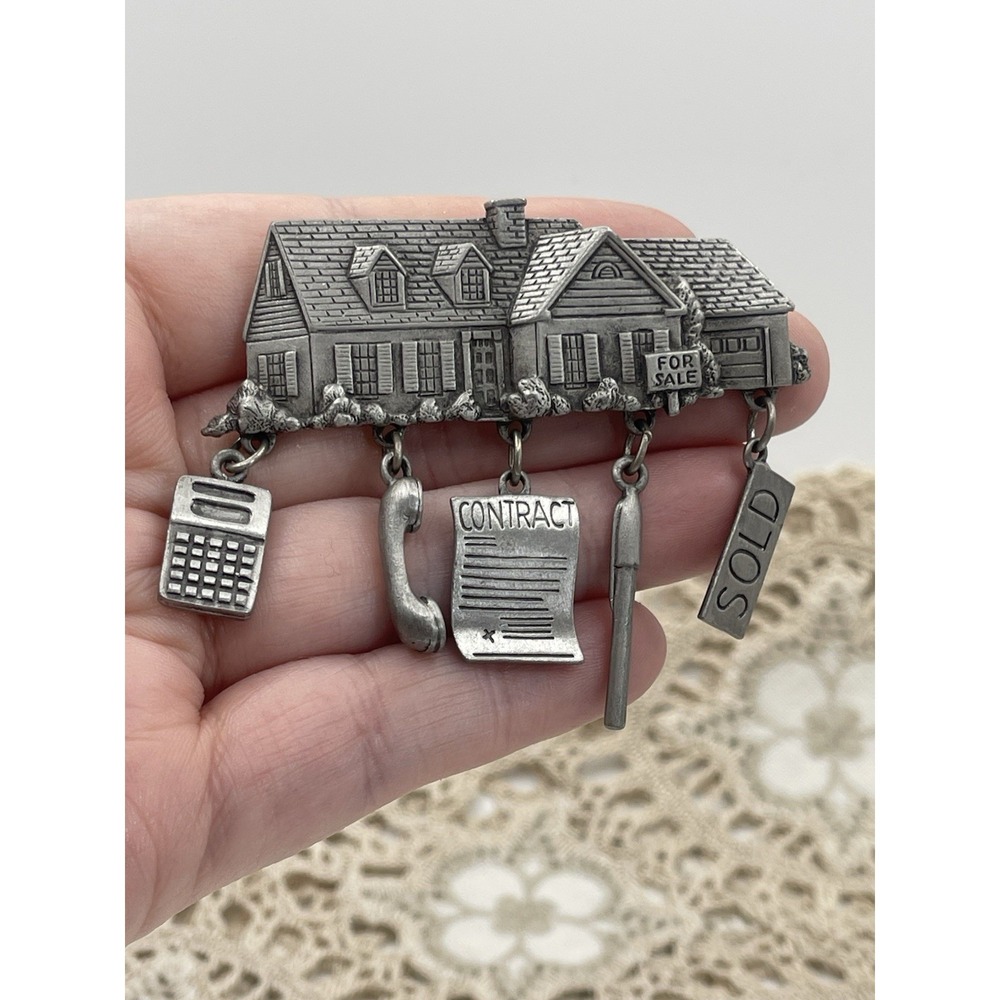 JJ Jonette Jewelry Real Estate House Brooch Pin 2.5" Dangle Charms Pewter Tone